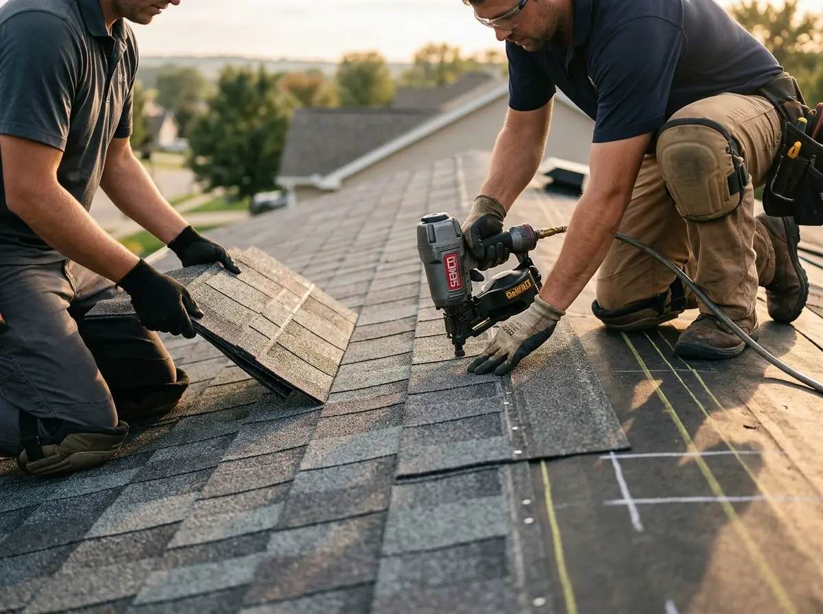 Professional roofer working on a residential roof in Union Beach